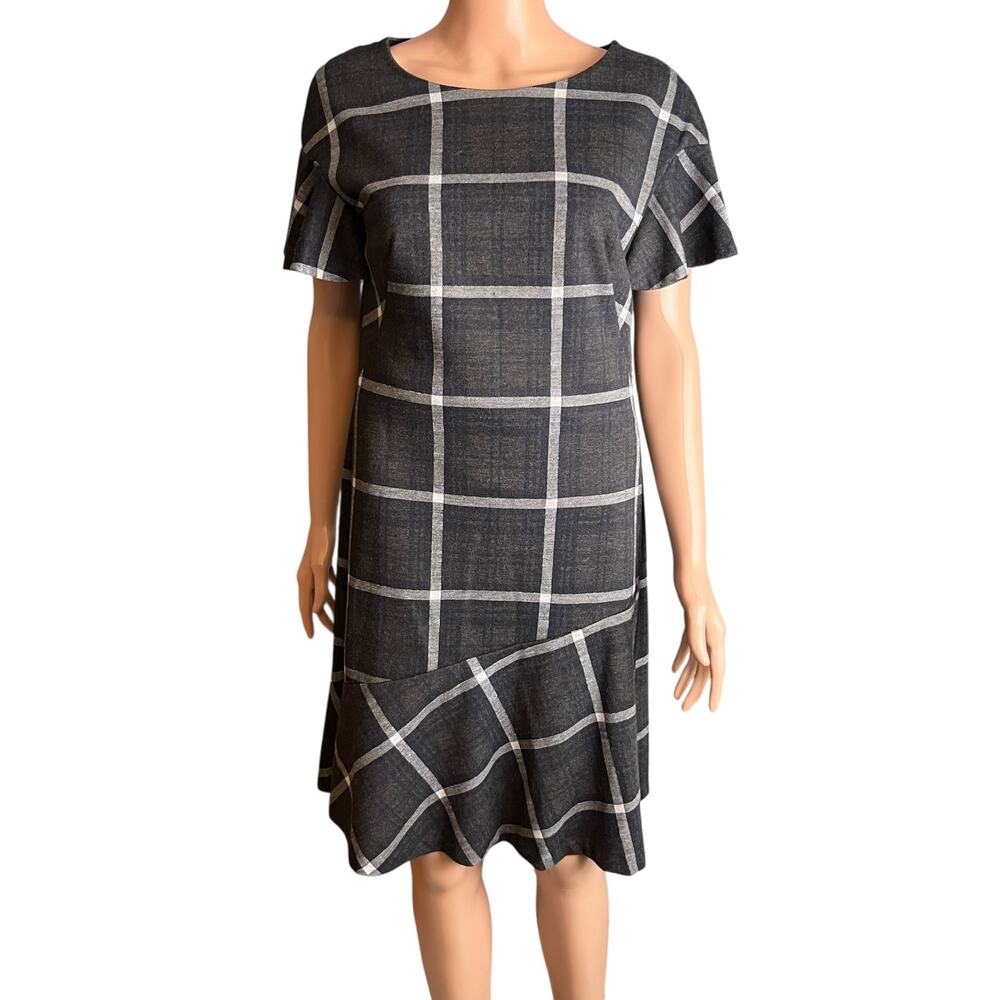 Lauren Ralph Lauren Gray Plaid Flutter Sleeve Dress 10 Asymmetrical Ruffle Hem